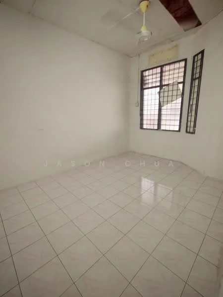 Room features: white painted walls, glossy ceramic tile flooring, ceiling fan, large window with metal grille, natural light from window.