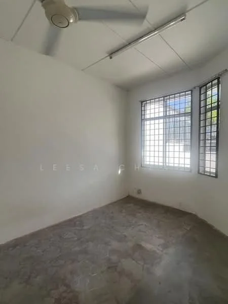 Room features: white painted walls, marble flooring, ceiling fan, large windows with grid pattern, natural light from windows.