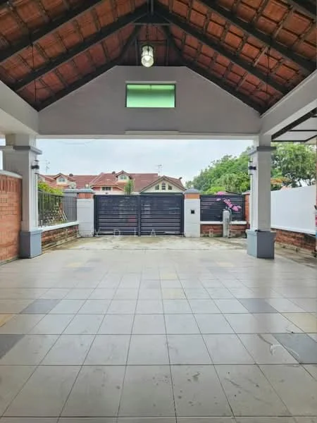 Exterior type: car porch; features: pitched tile roof, exposed wooden beams, grey tiled flooring, brick walls, security gate, landscaped garden area, outdoor lighting, surrounded by residential houses; style: modern.