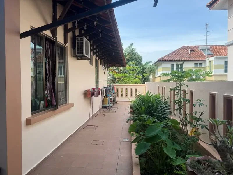 Room features: tiled flooring, exposed wooden beams, wall-mounted split AC unit, windows with sheer curtains, potted plants, greenery visible in garden, balustrade, outdoor space with pathway; style: modern; view: garden.