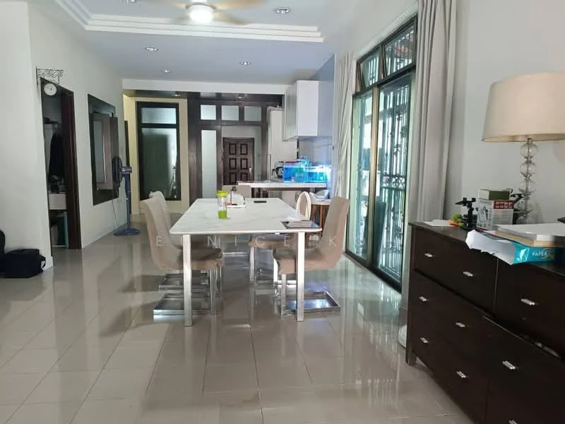 Dining features: white dining table, 6 upholstered dining chairs, pendant light fixture, large windows with sheer curtains, cream painted walls, glossy tile flooring, ceiling fan, decorative lamp, sideboard cabinet, kitchen area visible in background; style: modern. Room features: open layout, kitchen cabinetry visible, dark wood doors, wall-mounted appliances.