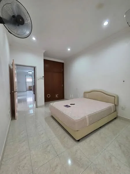 Bedroom features: queen-size bed, cream upholstered headboard, white painted walls, marble tile flooring, ceiling fan, built-in wardrobe, recessed downlights, window with natural light; style: modern.