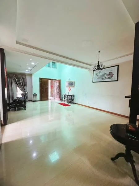 Room features: cream marble flooring, white painted walls, tray ceiling, chandelier, floor-to-ceiling windows, curtains, wooden front door, decorative wall art, dining table with chairs, side table, red runner rug; style: modern.