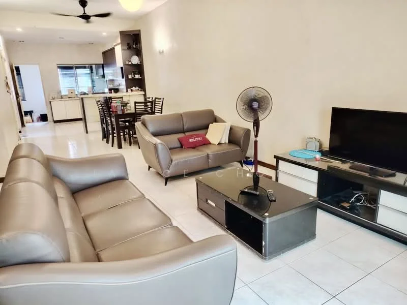 Living features: 3-seater leather sofa in grey, 2-seater leather sofa in grey, coffee table with black surface, wall-mounted TV, TV console with storage, ceiling fan, white painted walls, tile flooring, recessed lighting, decorative wall art; style: modern. Kitchen features: open kitchen layout, kitchen island with seating, stainless-steel appliances, white cabinetry, black countertop, built-in oven, microwave, refrigerator, tile backsplash; style: modern.