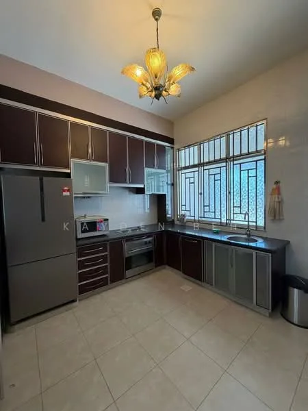 Kitchen features: dark wood cabinetry, stainless-steel fridge, built-in oven, ceramic tile flooring, granite countertop, single-bowl stainless-steel sink, chrome pull-down faucet, window with decorative grille, pendant light fixture, kitchen island, glass-front upper cabinets, dishwasher, wall-mounted microwave; style: modern.