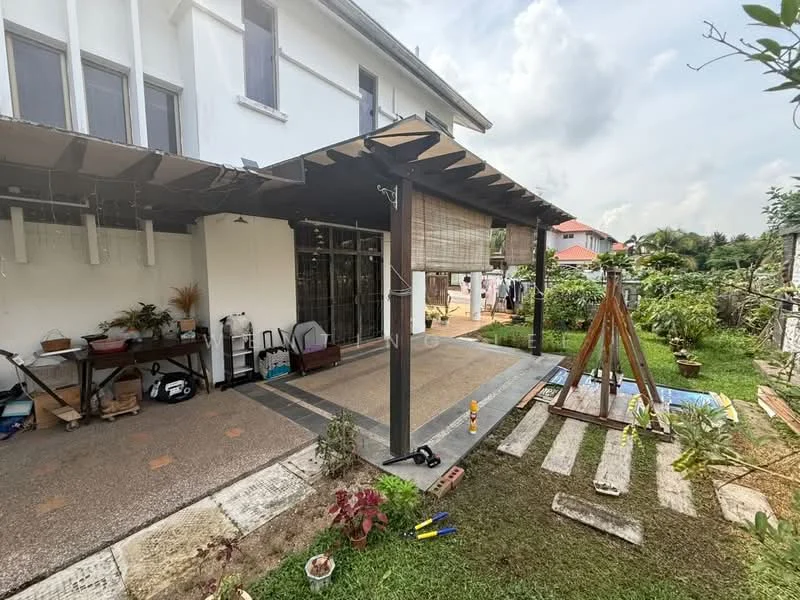 Exterior type: detached bungalow; features: covered patio with wooden beams, exposed concrete flooring, manicured garden, landscaped yard, sliding glass door, outdoor seating area, garden swing, potted plants, stone-paved walkway, visible neighboring houses; style: modern.
