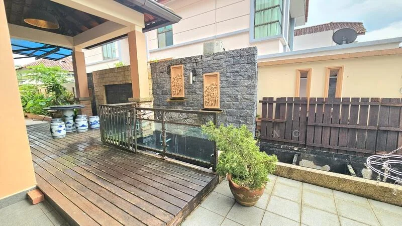 Room features: wooden decking, stone wall feature, potted plants, glass railing, grey tiled flooring, outdoor seating area, overhead canopy, fenced area; style: modern; view: garden.