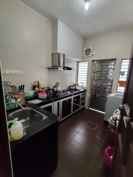 Kitchen features: single-bowl stainless-steel sink, chrome pull-down faucet, black countertop, stainless-steel range hood, built-in oven, freestanding range oven, ceramic tile flooring, white tiled walls, upper cabinets with glass fronts, lower cabinets with stainless-steel finish, window with metal grille, refrigerator, washing machine, kitchen utensils and appliances on countertop; style: modern.