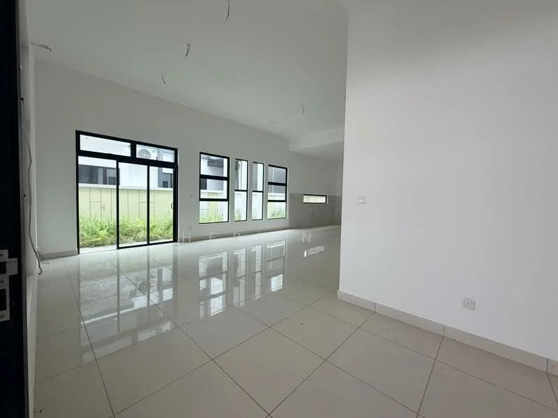 Room features: white painted walls, glossy ceramic tile flooring, large floor-to-ceiling windows, natural light, minimalist design, high ceiling, open layout, no visible furniture; style: modern; view: garden.