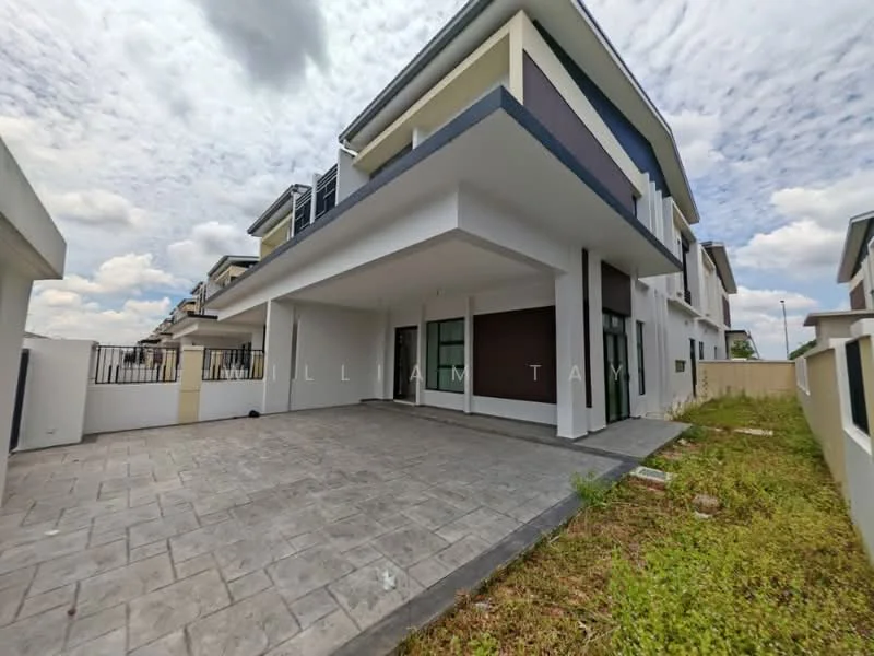 Exterior type: semi-detached house; features: paved driveway, covered porch area, white painted facade, large windows, two-storey structure, manicured lawn, surrounding greenery, modern architectural design; style: modern.