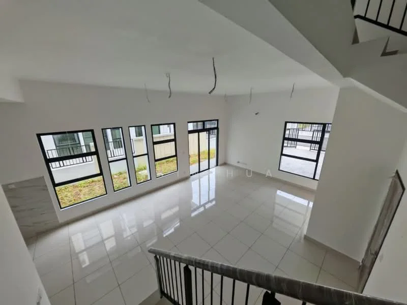 Room features: white painted walls, glossy tile flooring, large floor-to-ceiling windows, staircase with black railing, natural light from multiple windows, open layout, high ceiling, neutral color scheme; style: modern; view: garden.