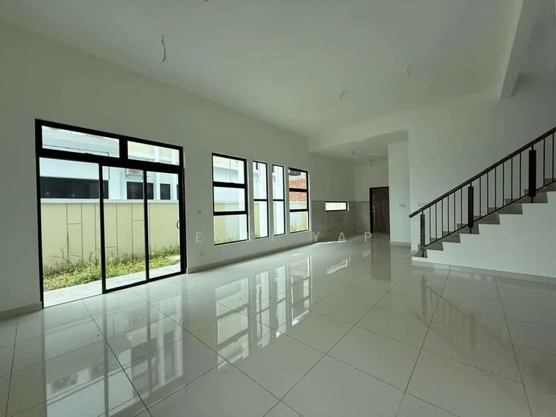 Living features: large floor-to-ceiling windows, white painted walls, polished ceramic tile flooring, open layout, staircase with metal railing, high ceiling, natural light from windows, neutral color palette; style: modern; view: garden.