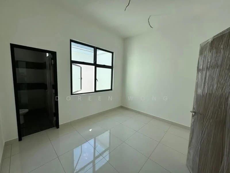 Room features: white painted walls, glossy ceramic tile flooring, floor-to-ceiling window, black framed window, doorway leading to bathroom, doorway leading to closet, two light fixtures on ceiling, neutral color scheme; style: modern.