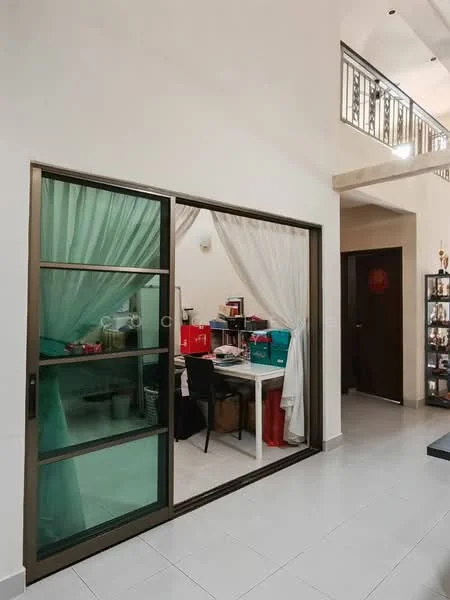 Room features: glass sliding door, white walls, white ceiling, tile flooring, decorative wall with shelves, curtains, table with chairs, storage boxes; style: modern.