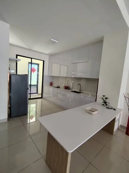 Kitchen features: grey cabinetry, white countertop, stainless-steel fridge, single-bowl stainless-steel sink, chrome pull-down faucet, ceramic tile flooring, recessed downlights, sliding glass door, window with view, decorative vase on countertop; style: modern; view: garden.