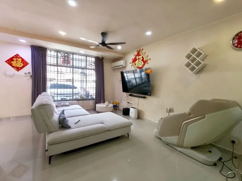 Living features: light grey fabric sectional sofa, white coffee table, wall-mounted flat-screen TV, 5-blade ceiling fan, large window with sheer curtains, decorative wall clock, cream painted walls, marble tile flooring, air conditioning unit, decorative wall shelf; style: modern.