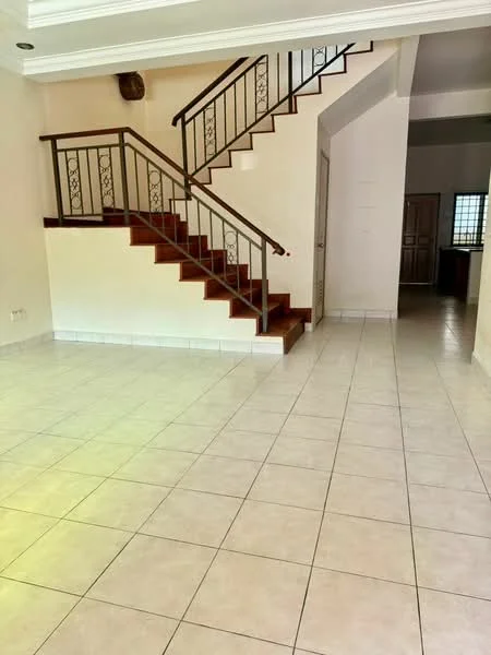 Living features: white painted walls, ceramic tile flooring, staircase with wooden steps and metal railing, recessed ceiling with crown moulding, large windows for natural light, open layout, neutral color scheme, access to adjacent rooms; style: modern. Room features: doorway leading to kitchen, doorway leading to hallway.