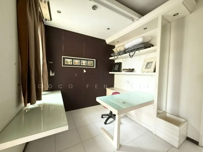 Study features: white desk with glass top, white shelving unit, dark accent wall, floor-to-ceiling window with sheer curtains, built-in storage, framed artwork on wall, white tiled flooring, recessed lighting; style: modern.