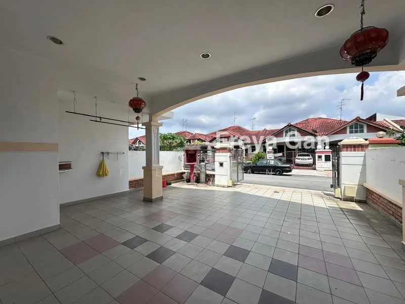 Exterior type: linked terrace house; features: paved driveway, covered porch area, white painted walls, red lanterns hanging from ceiling, grey tiled flooring with decorative pattern, open space leading to street, surrounded by residential houses, front gate visible; style: modern.