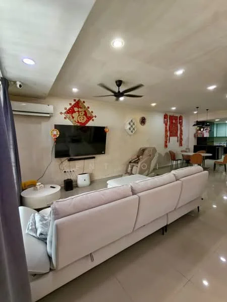 Living features: 3-seater fabric sofa in white, wall-mounted TV, ceiling fan, recessed downlights, cream painted walls, glossy tile flooring, decorative wall hangings, coffee table, open layout to dining area, curtains, air conditioning unit; style: modern.