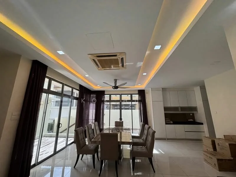 Dining features: 6-seater dining table, upholstered dining chairs, recessed downlights, 5-blade ceiling fan with light, wall-mounted split AC, floor-to-ceiling windows, sliding glass door, cream painted walls, glossy tile flooring, decorative ceiling with LED strip lighting; style: modern; view: garden. Kitchen features: white cabinetry, black countertop, built-in oven, stainless-steel range hood; style: modern.
