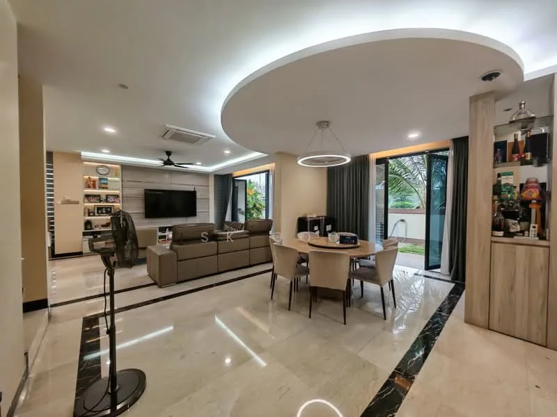 Living features: marble tile flooring, cream painted walls, tray ceiling with recessed lighting, floor-to-ceiling windows, sliding glass door, 3-seater fabric sofa in brown, coffee table, TV console, wall-mounted TV, decorative shelving unit, ceiling fan with light, area rug with geometric pattern, dining table with 4 chairs, potted plants, wall clock; style: modern; view: garden.