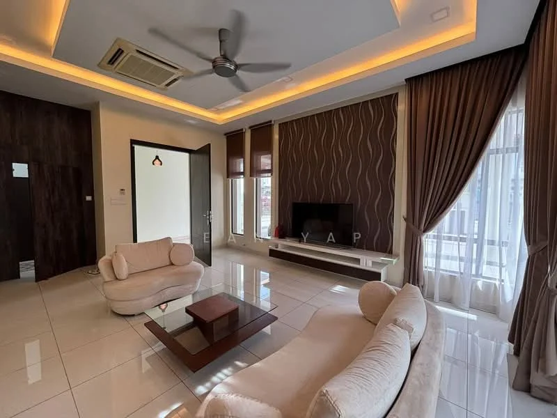 Living features: 5-blade ceiling fan with integrated LED light, cream upholstered 3-seater sofa, cream upholstered 2-seater sofa, wooden coffee table, wall-mounted TV, white wall with decorative wavy pattern, dark wood accent wall, large floor-to-ceiling windows with sheer curtains, white tiled flooring, recessed lighting, crown moulding on ceiling; style: modern.