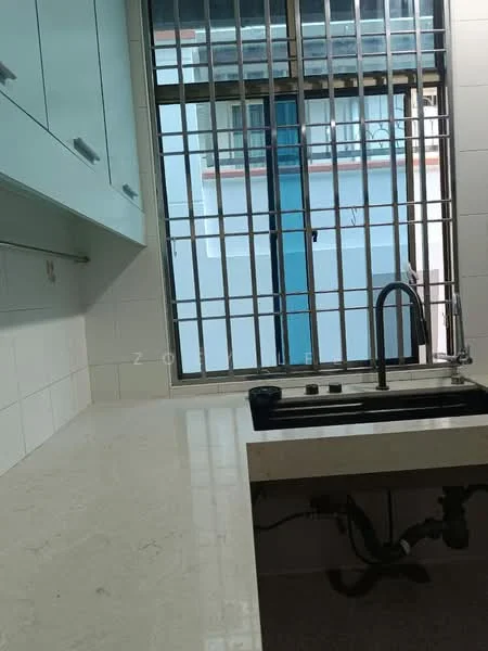 Kitchen features: light blue cabinetry, white tiled walls, marble countertop, single-bowl stainless-steel sink, chrome pull-down faucet, window with security bars, open space layout, wall-mounted cabinets; style: modern.