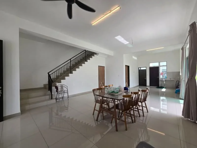 Dining features: dining table with wooden chairs, white painted walls, polished ceramic tile flooring, 5-blade ceiling fan, large windows with sheer curtains, staircase with black railing, open layout, natural light from windows; style: modern. Living features: open space layout, polished ceramic tile flooring, white painted walls, large windows, natural light, ceiling lights; style: modern.