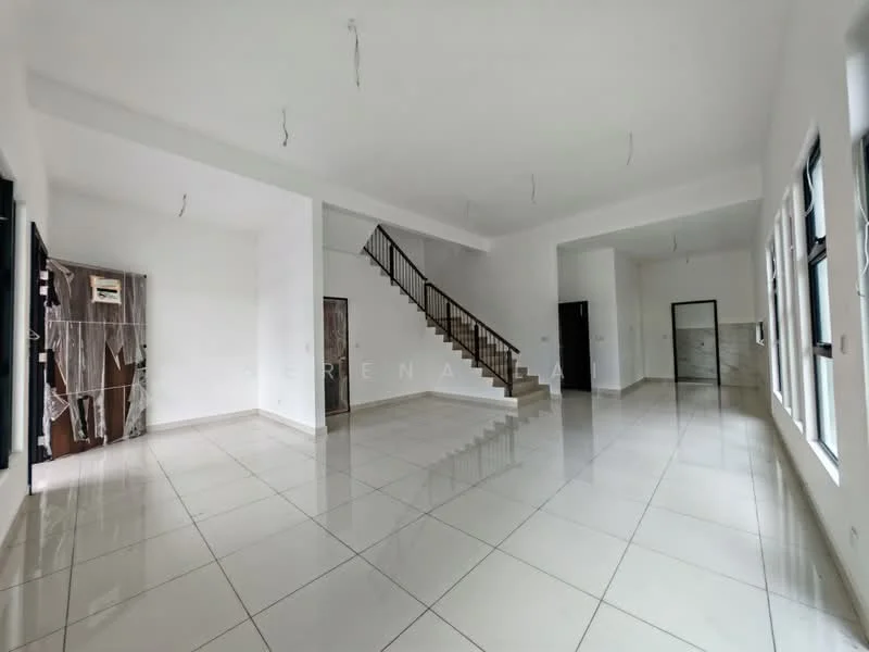 Room features: white painted walls, polished ceramic tile flooring, staircase with metal railing, large windows, high ceiling, open layout, no visible furniture, neutral color scheme; style: modern.