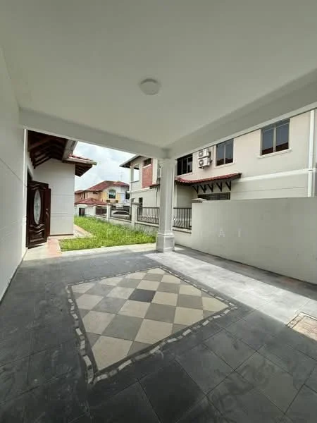 Exterior type: linked terrace house; features: covered porch area, checkerboard patterned flooring, white painted walls, manicured lawn, visible neighboring houses, air conditioning units on exterior walls, gabled roof, paved walkway; style: modern.