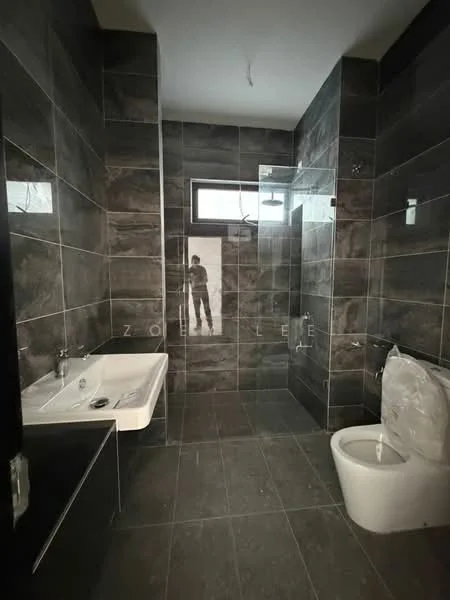 Bathroom features: grey tile cladding on walls, dark grey tile flooring, built-in bathtub, walk-in shower with glass enclosure, chrome basin mixer faucet, one-piece toilet, single-sink vanity with countertop, mirror above sink; style: modern.