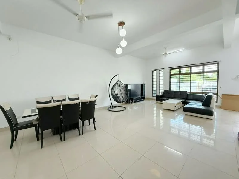 Living features: white painted walls, polished ceramic tile flooring, 5-blade ceiling fan with light, recessed downlights, black leather sectional sofa, white ottoman, TV console, wall-mounted TV, dining table with 6 black chairs, hanging chair, large windows with horizontal slats; style: modern.