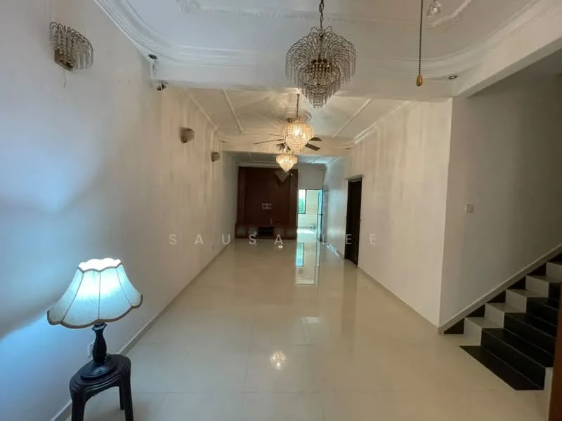 Room features: white painted walls, glossy tile flooring, chandelier lighting, ceiling fan, decorative ceiling with moulding, floor-to-ceiling windows, lampshade table lamp, staircase with black and white steps; style: modern.