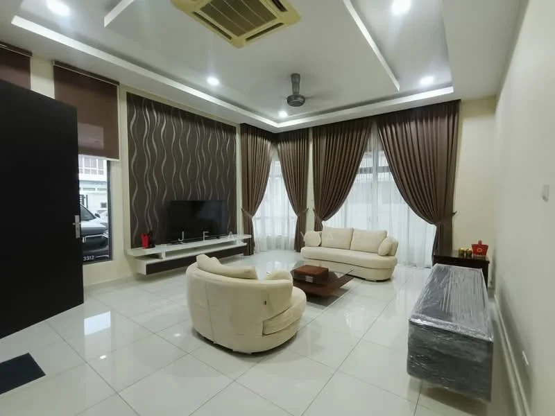 Living features: cream upholstered sofa, 2-seater sofa, armchair, wood coffee table, TV console, wall-mounted TV, floor-to-ceiling windows, sheer curtains, dark brown curtains, recessed downlights, ceiling fan, glossy tile flooring, decorative wall paneling; style: modern.
