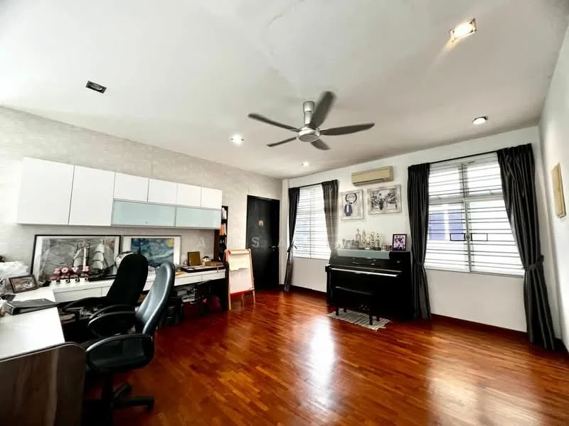 Study features: wooden flooring, white painted walls, ceiling fan, recessed downlights, floor-to-ceiling windows, blackout curtains, desk with chair, piano, artwork on walls, air conditioning unit; style: modern.