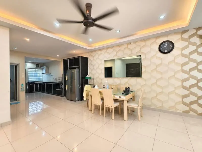 Dining features: dining table with 6 chairs, ceiling fan, recessed downlights, wall clock, cream tiled flooring, decorative feature wall with geometric pattern, open layout to kitchen, large window for natural light; style: modern. Kitchen features: black cabinetry, stainless-steel fridge, kitchen countertop, built-in oven, ceramic tile backsplash, sink, window above sink, open layout to dining area; style: modern.