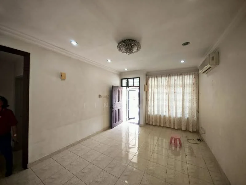 Living features: white painted walls, glossy marble tile flooring, recessed downlights, chandelier, floor-to-ceiling windows with sheer curtains, sliding glass door, wall-mounted split AC, entrance door with decorative panel, pink plastic stool; style: modern.