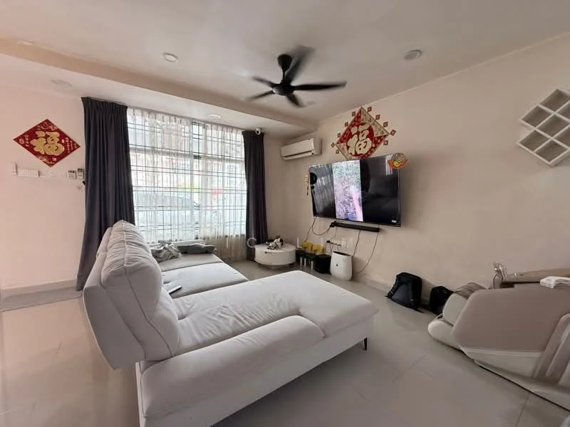 Living features: L-shape sectional sofa in white, wall-mounted TV, 5-blade ceiling fan, recessed downlights, floor-to-ceiling windows, grey curtains, light-colored painted walls, tile flooring, air conditioning unit, decorative wall art; style: modern.