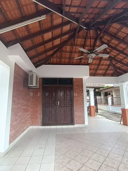 Room features: exposed wooden beams ceiling, 5-blade ceiling fan, wall-mounted split AC, brick accent wall, white painted walls, ceramic tile flooring, double wooden doors, open layout, natural light from windows, outdoor view; style: modern.