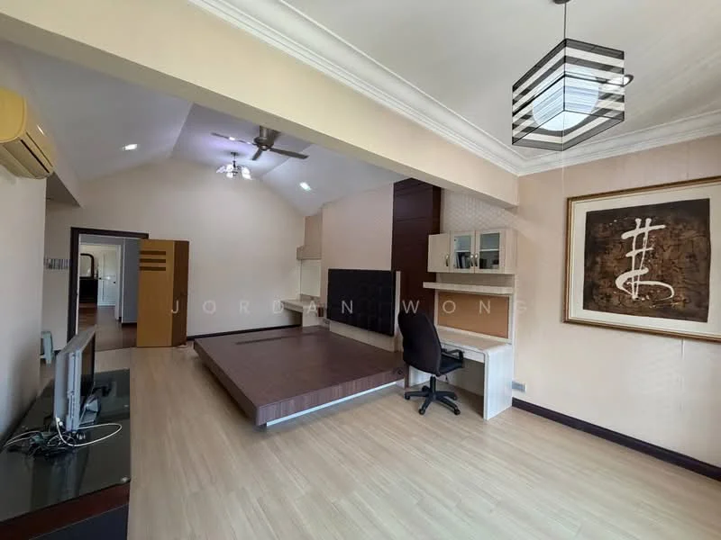 Room features: laminate flooring, cream painted walls, tray ceiling, 5-blade ceiling fan, wall-mounted air conditioning unit, built-in desk with chair, TV console, feature wall with dark paneling, large artwork on wall, platform bed area, recessed lighting; style: modern.