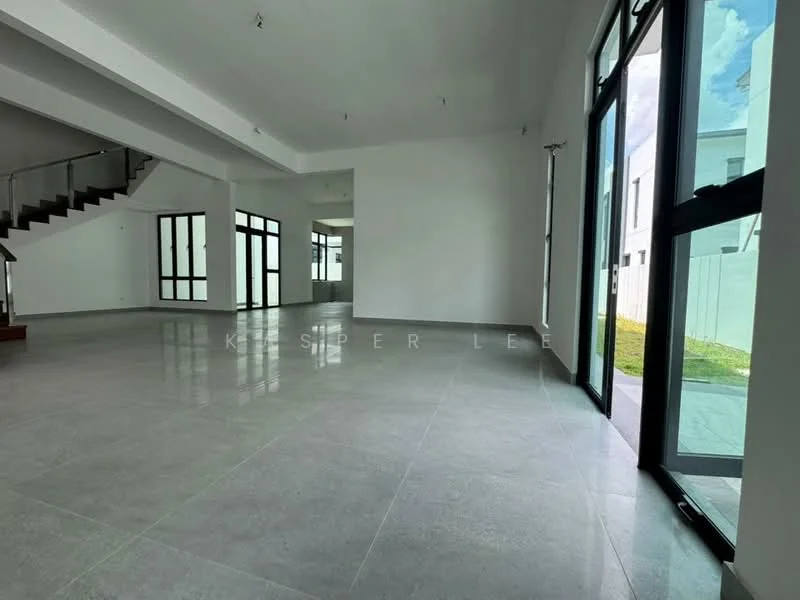 Room features: grey polished tile flooring, white painted walls, large floor-to-ceiling windows, sliding glass door, high ceiling, open layout, natural light, staircase visible in background; style: modern; view: garden.