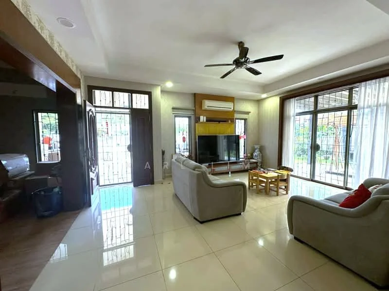 Living features: cream painted walls, white ceiling, 5-blade ceiling fan with light, floor-to-ceiling windows, sliding glass door, light-colored sofa, wooden coffee table, TV console, wall-mounted TV, area rug, tile flooring, curtains, decorative cushions; style: modern; view: garden.