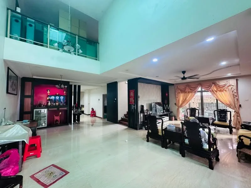 Living features: marble tile flooring, white painted walls, high ceiling, 5-blade ceiling fan with light, large windows with sheer curtains, sofa set with decorative cushions, coffee table, TV console, wall-mounted TV, decorative wall art, area rug, dining area with dining table and chairs; style: modern; view: city. Room features: staircase leading to upper level, bar area with shelves and glassware, accent wall with red paint.