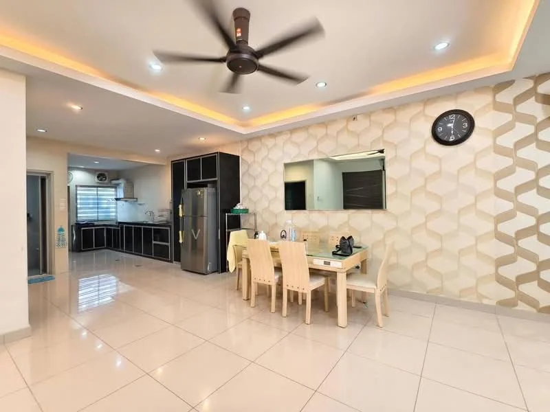Dining features: dining table with four chairs, ceiling fan, wall clock, recessed lighting, cream tiled flooring, decorative feature wall with geometric pattern, open layout to kitchen, large window for natural light; style: modern. Kitchen features: black cabinetry, stainless-steel fridge, kitchen countertop, sink, built-in oven, gas hob, window above sink, tile backsplash; style: modern.