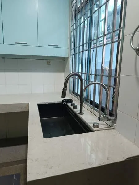 Kitchen features: black double-bowl sink, chrome gooseneck faucet, light blue cabinetry, white tiled walls, grey countertop, window with metal grille, kitchen countertop, wall-mounted storage; style: modern.
