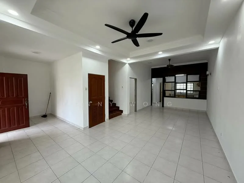 Living features: white painted walls, tile flooring, 5-blade ceiling fan, recessed downlights, sliding glass door, window with view to outside, doorway leading to other rooms, open layout, corner for broom or storage, light switch, air conditioning unit; style: modern.