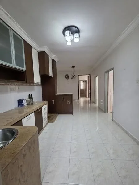 Kitchen features: single-bowl stainless-steel sink, chrome pull-down faucet, laminate countertop, white cabinetry with glass-front upper cabinets, ceramic tile flooring, recessed downlights, pendant light, open layout to dining area, wall-mounted cabinets, neutral wall color, decorative wall art, space for refrigerator; style: modern.