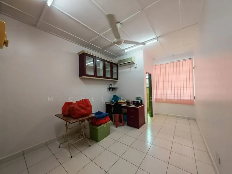 Room features: white painted walls, white tiled flooring, ceiling fan, window with sheer curtains, built-in cabinets with glass doors, desk with chair, plastic storage bins, red bags on table, air conditioning unit.