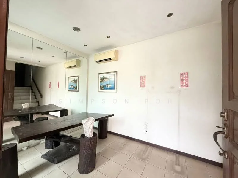 Room features: white painted walls, tile flooring, 2 wall-mounted split ACs, wooden dining table, 2 wooden stools, framed artwork on walls, mirror on wall, staircase visible in background; style: modern.